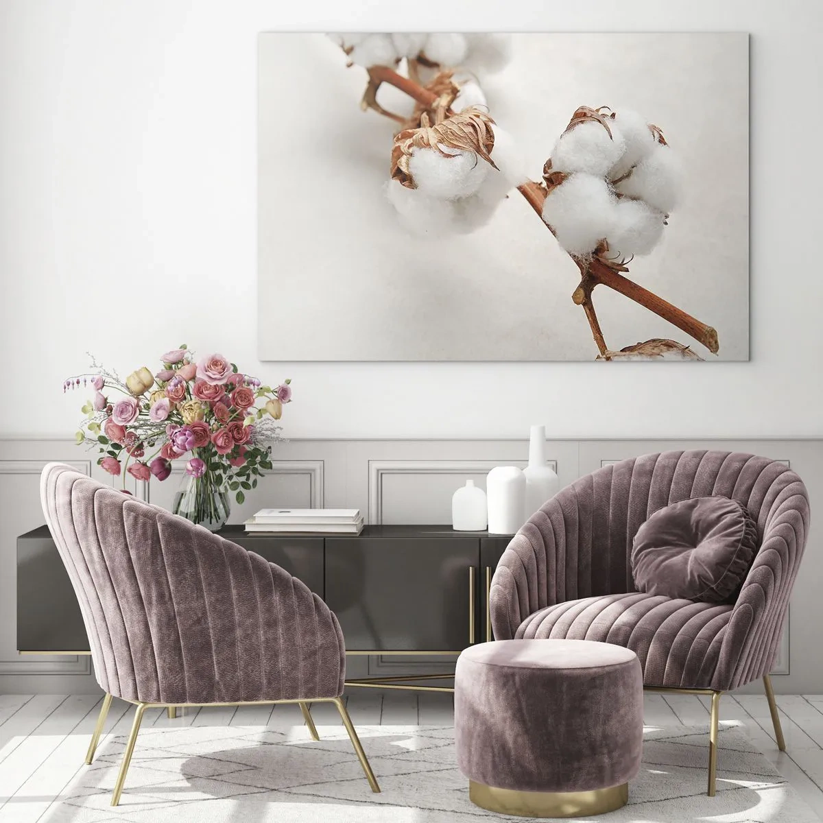 Tablou pe sticlă - Prim-plan al unei crengi de bumbac pe un fundal deschis - 70x50cm - Numai îmbrățișări - Decorațiune modernă pentru perete pentru living și dormitor ARTTOR