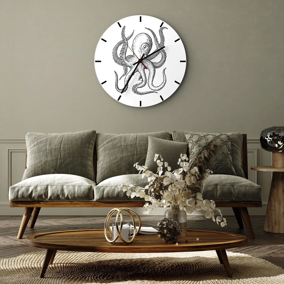 Ceas de perete - Ceas pe sticlă - Ilustrație de caracatiță în stil vintage pe fundal alb - 30x30cm - Dansând cu valurile - Decorațiune modernă pentru perete pentru living, bucătărie și dormitor ARTTOR