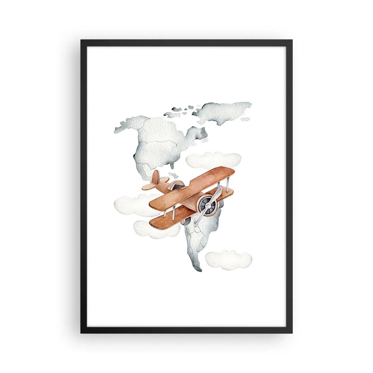 Poster în ramă neagră - Un biplan deasupra unei hărți a lumii în nori - 50x70cm - În spirit de pionierat - Decorațiune modernă pentru perete pentru living și dormitor ARTTOR