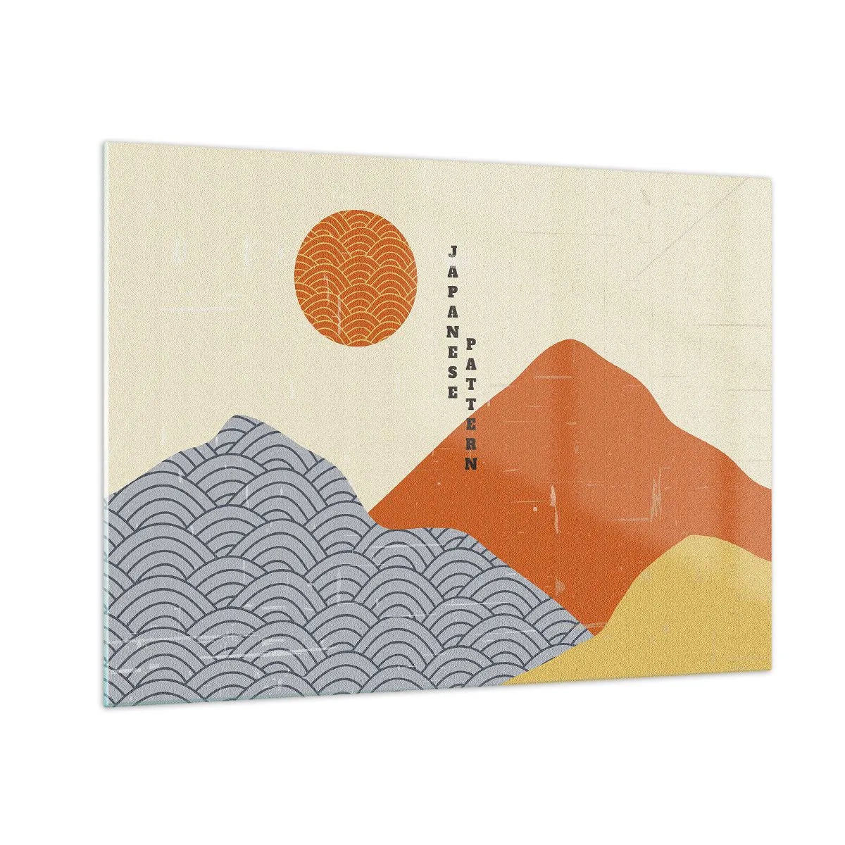 Tablou pe sticlă - Grafică cu modele japoneze de munți și soare - 70x50cm - În stil japonez - Decorațiune modernă pentru perete pentru living și dormitor ARTTOR