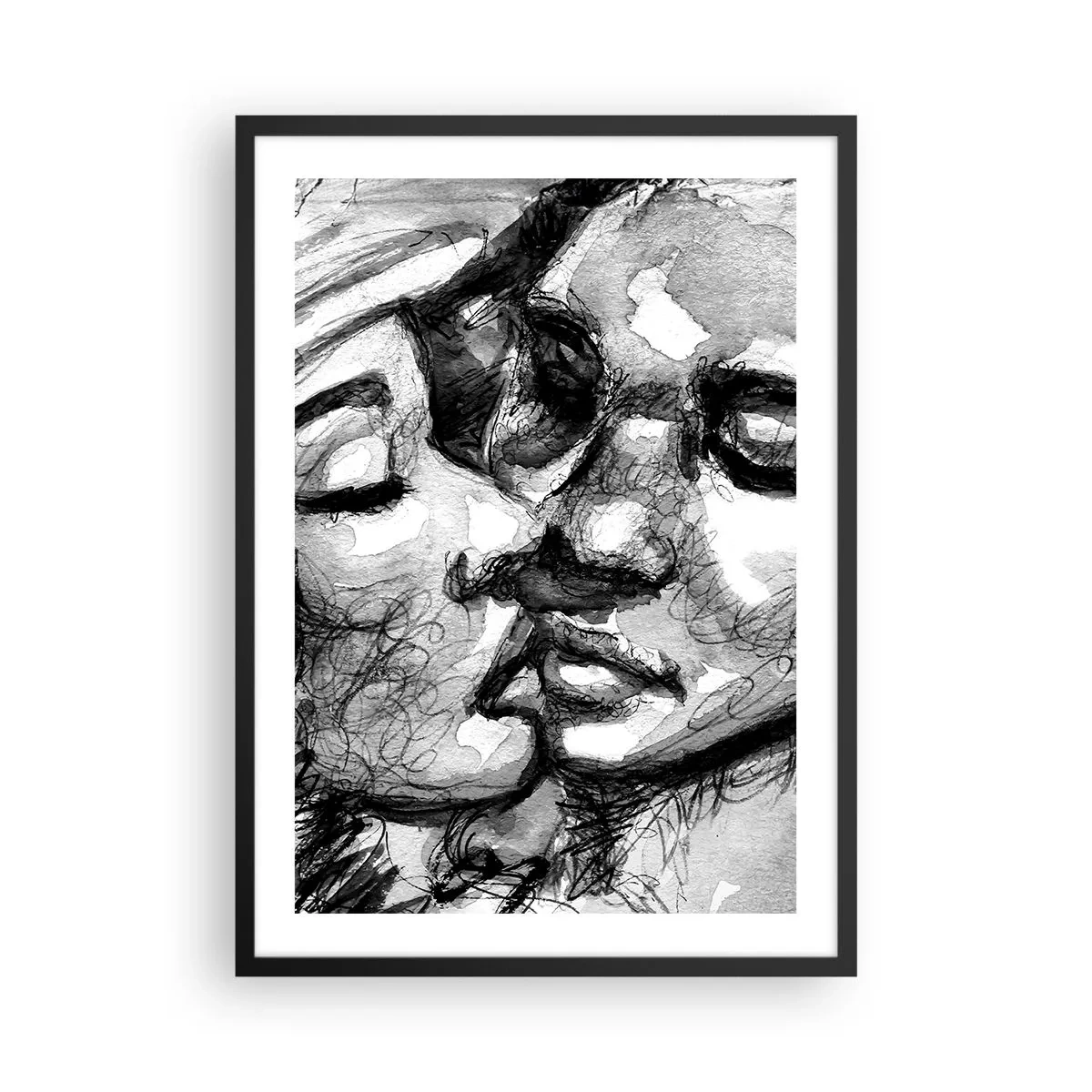 Poster în ramă neagră - Portret abstract alb-negru al unui sărut - 50x70cm - Un moment de tandrețe - Decorațiune modernă pentru perete pentru living și dormitor ARTTOR