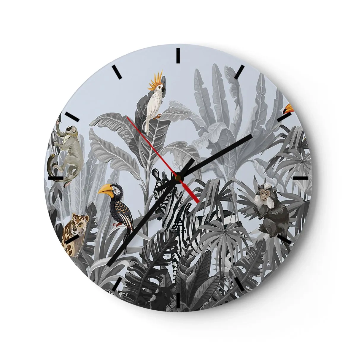 Ceas de perete - Ceas pe sticlă - Plante tropicale cu animale exotice pe fundalul junglei - 30x30cm - O fabulă africană - Decorațiune modernă pentru perete pentru living, bucătărie și dormitor ARTTOR