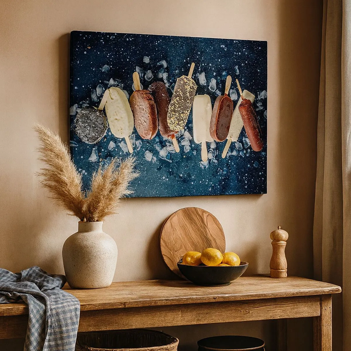 Tablou pe pânză Canvas - Înghețată colorată aranjată pe gheață cu un fundal întunecat - 70x50cm - Gustul unei veri fierbinți - Decorațiune modernă pentru perete pentru living și dormitor ARTTOR