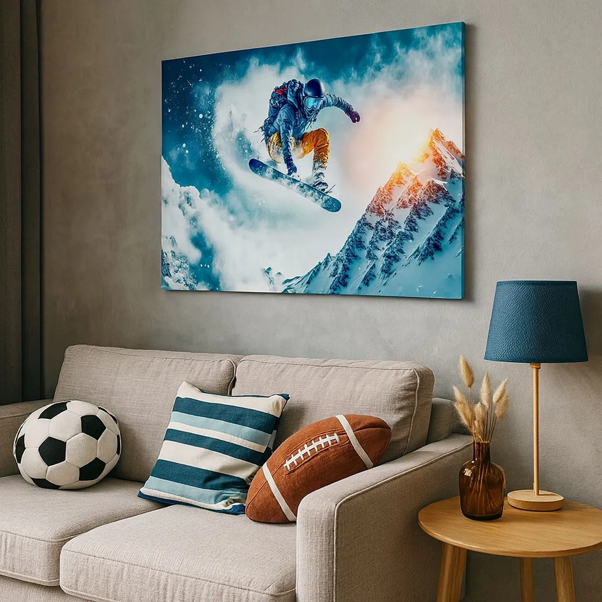 Tablou pe pânză Canvas - Un snowboarder zboară peste munți acoperiți de zăpadă - 70x50cm - Emoții extreme - Decorațiune modernă pentru perete pentru living și dormitor ARTTOR