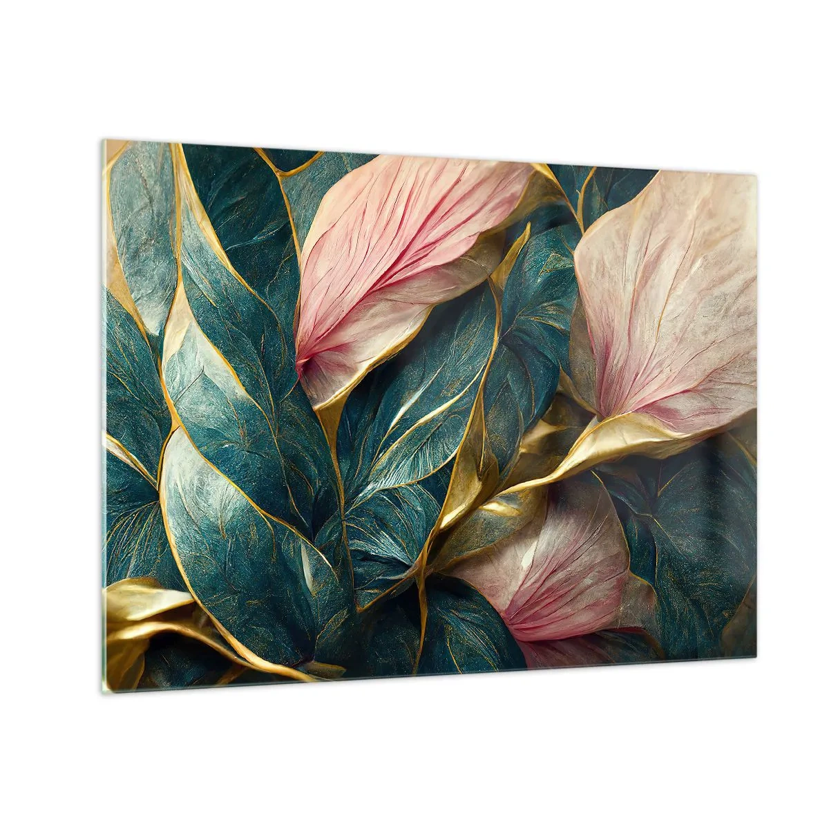 Tablou pe sticlă - Frunze verzi și roz cu accente aurii - 70x50cm - Eleganța naturală și stil - Decorațiune modernă pentru perete pentru living și dormitor ARTTOR