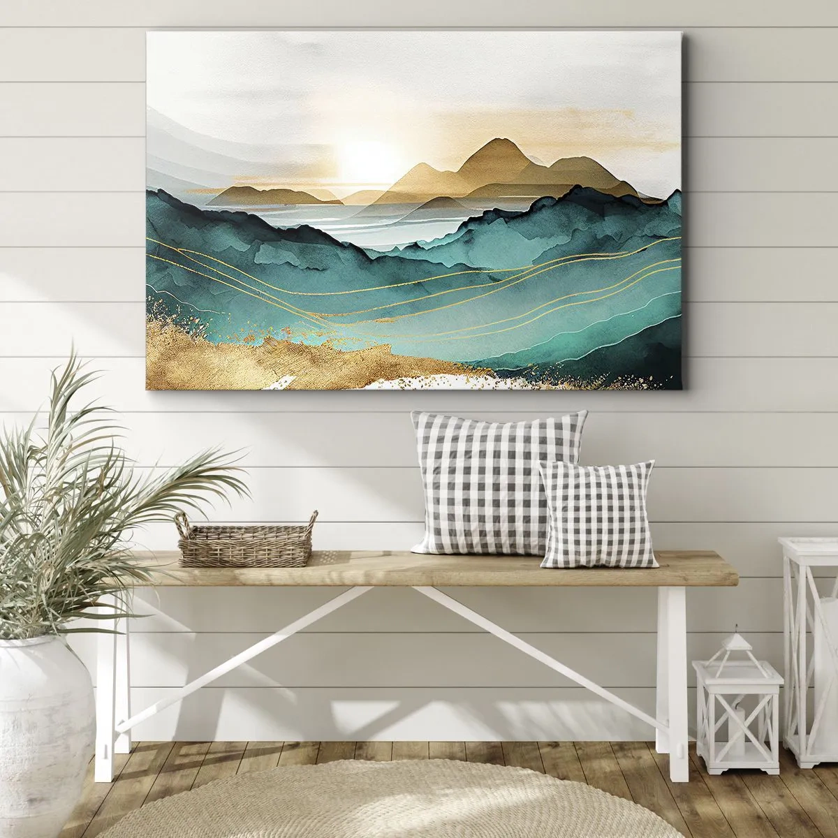 Tablou pe pânză Canvas - Peisaj abstract cu munți și accente aurii - 70x50cm - La limita abstracției - peisaj - Decorațiune modernă pentru perete pentru living și dormitor ARTTOR