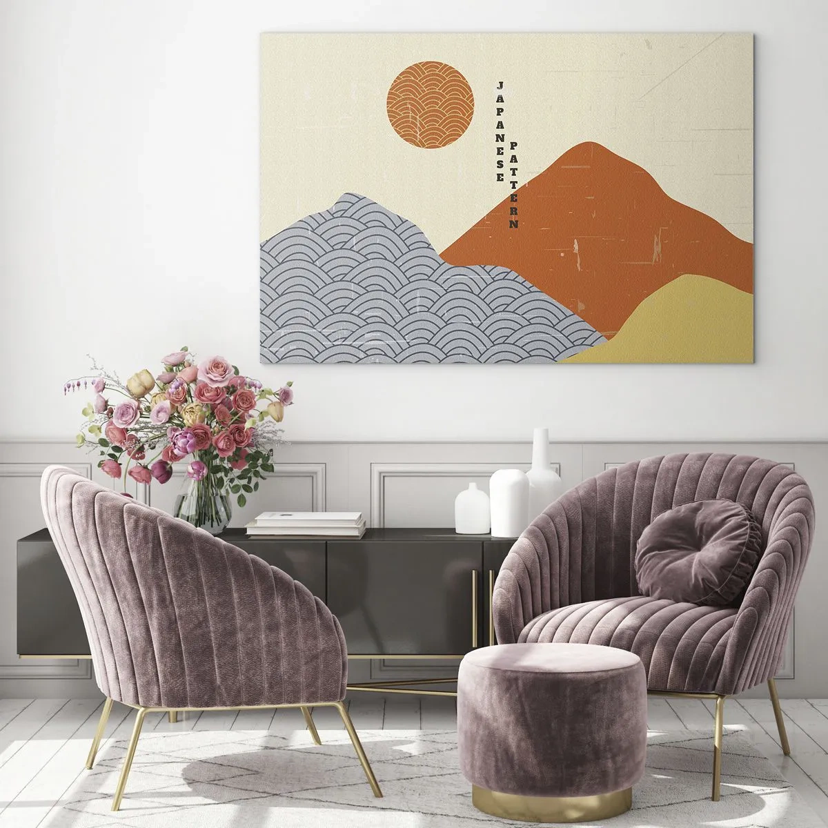 Tablou pe sticlă - Grafică cu modele japoneze de munți și soare - 70x50cm - În stil japonez - Decorațiune modernă pentru perete pentru living și dormitor ARTTOR