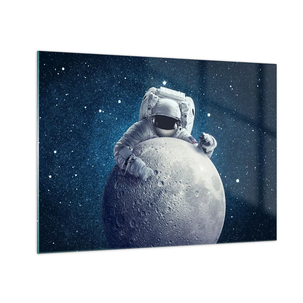 Tablou pe sticlă - Astronautul îmbrățișează luna pe un cer înstelat - 70x50cm - Glumeț spațial - Decorațiune modernă pentru perete pentru living și dormitor ARTTOR