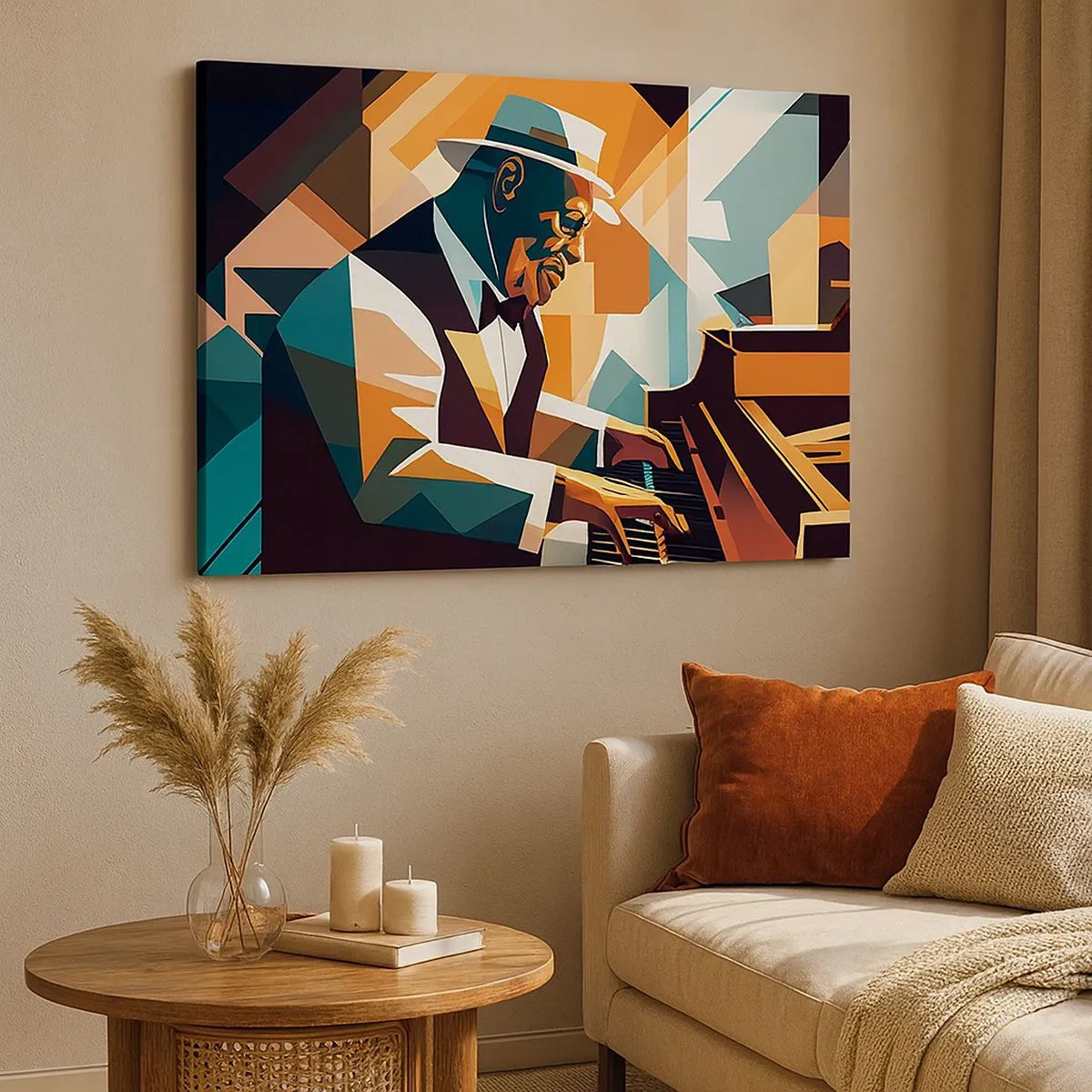 Tablou pe pânză Canvas - Muzician abstract cântând la pian în culori calde. - 70x50cm - Numai jazz - Decorațiune modernă pentru perete pentru living și dormitor ARTTOR