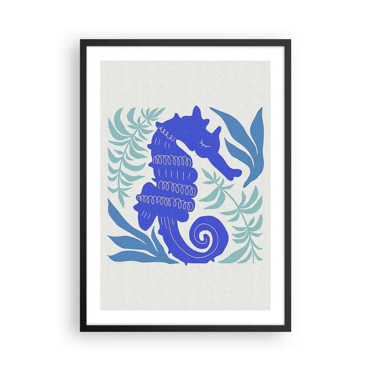 Poster în ramă neagră - Un căluț de mare stilizat înconjurat de vegetație. - 50x70cm - Pe o pajiște subacvatică - Decorațiune modernă pentru perete pentru living și dormitor ARTTOR
