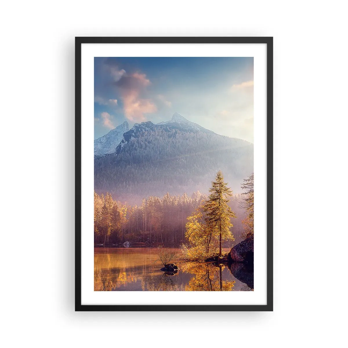 Poster în ramă neagră - Peisaj montan de toamnă cu reflecție în lac - 50x70cm - La munte și la deal - Decorațiune modernă pentru perete pentru living și dormitor ARTTOR
