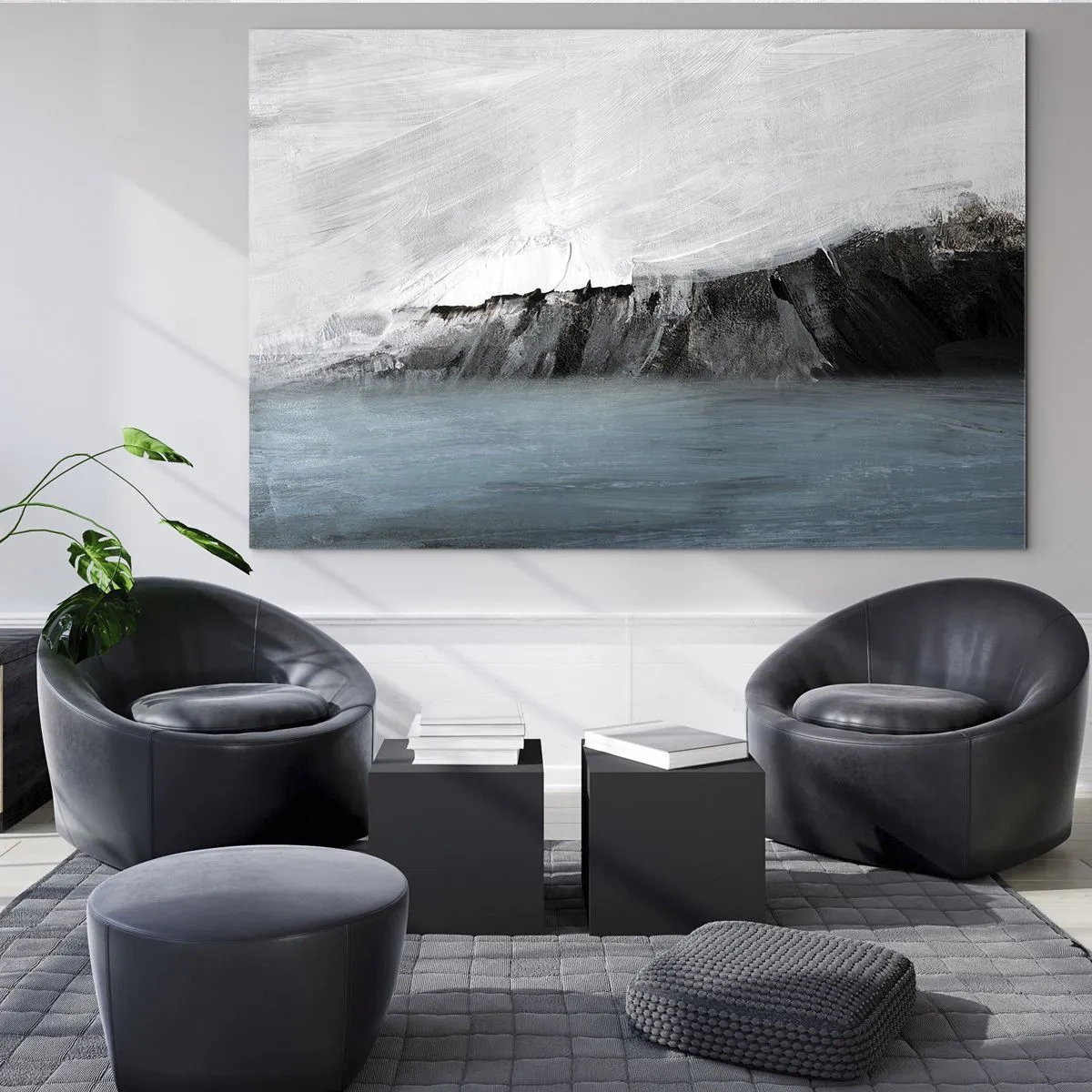 Tablou pe sticlă - Compoziție abstractă în nuanțe de albastru, alb și negru - 70x50cm - Apă - pământ: lupta elementelor - Decorațiune modernă pentru perete pentru living și dormitor ARTTOR