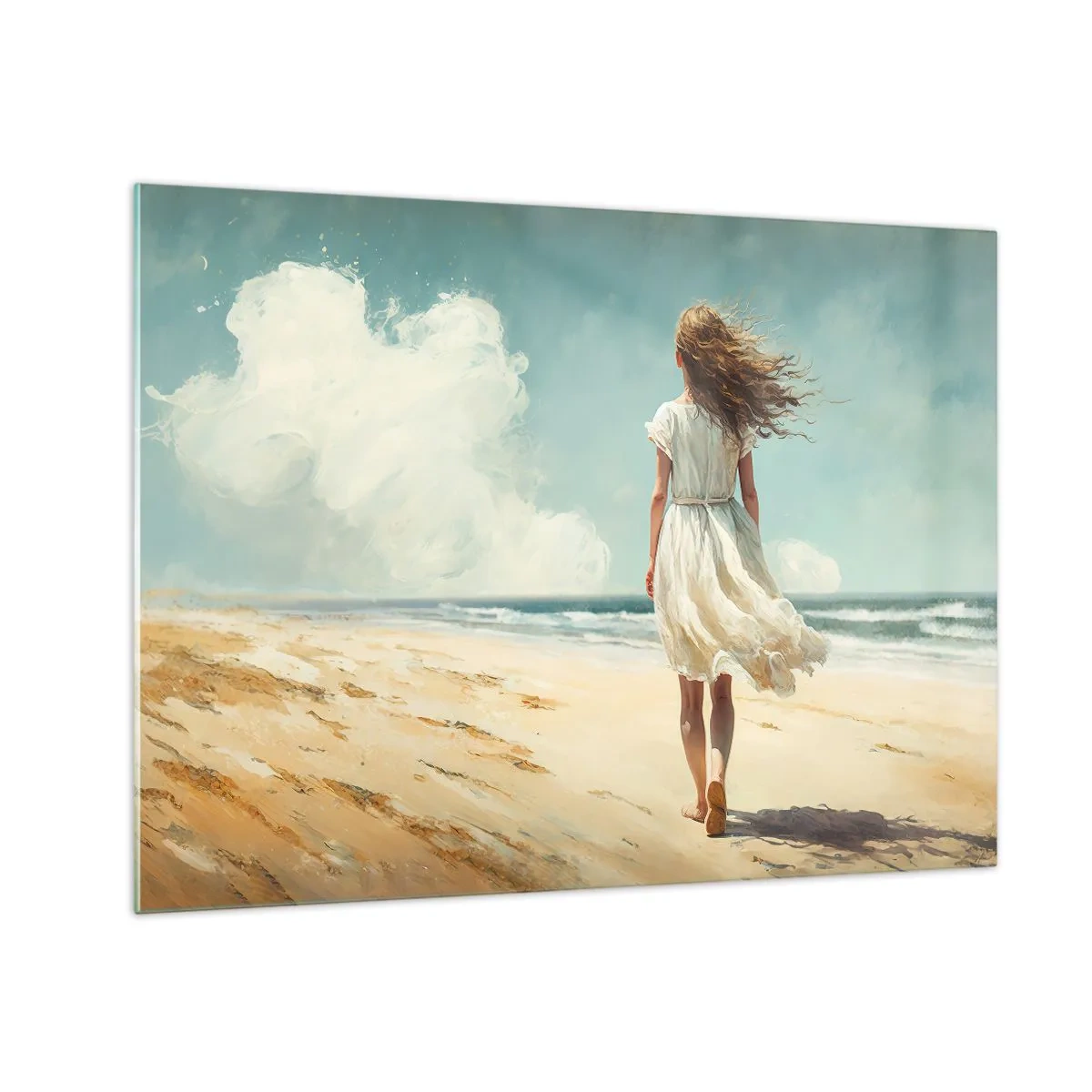 Tablou pe sticlă - O femeie într-o rochie albă mergând desculță pe o plajă însorită - 70x50cm - Vreau să întâlnesc soarele și vântul - Decorațiune modernă pentru perete pentru living și dormitor ARTTOR