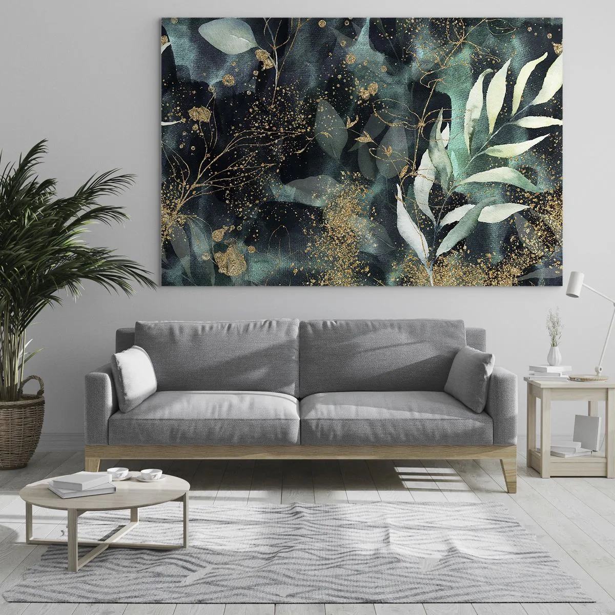 Tablou pe sticlă - Frunze aurii și verzi pe un fundal întunecat - 70x50cm - Grădina fermecată - Decorațiune modernă pentru perete pentru living și dormitor ARTTOR