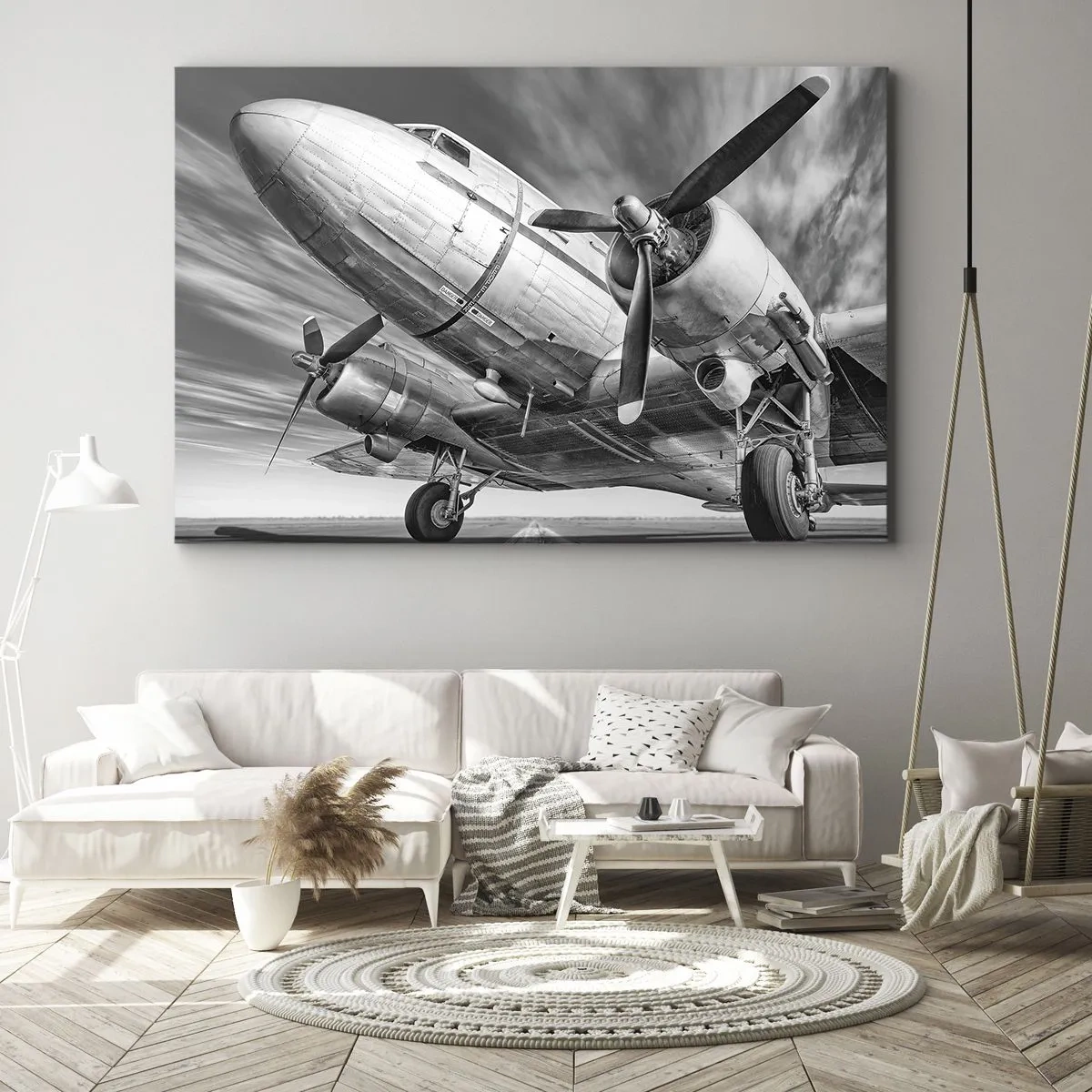 Tablou pe pânză Canvas - O imagine alb-negru a unui avion clasic cu detalii structurale vizibile. - 70x50cm - Întotdeauna gata de zbor - Decorațiune modernă pentru perete pentru living și dormitor ARTTOR