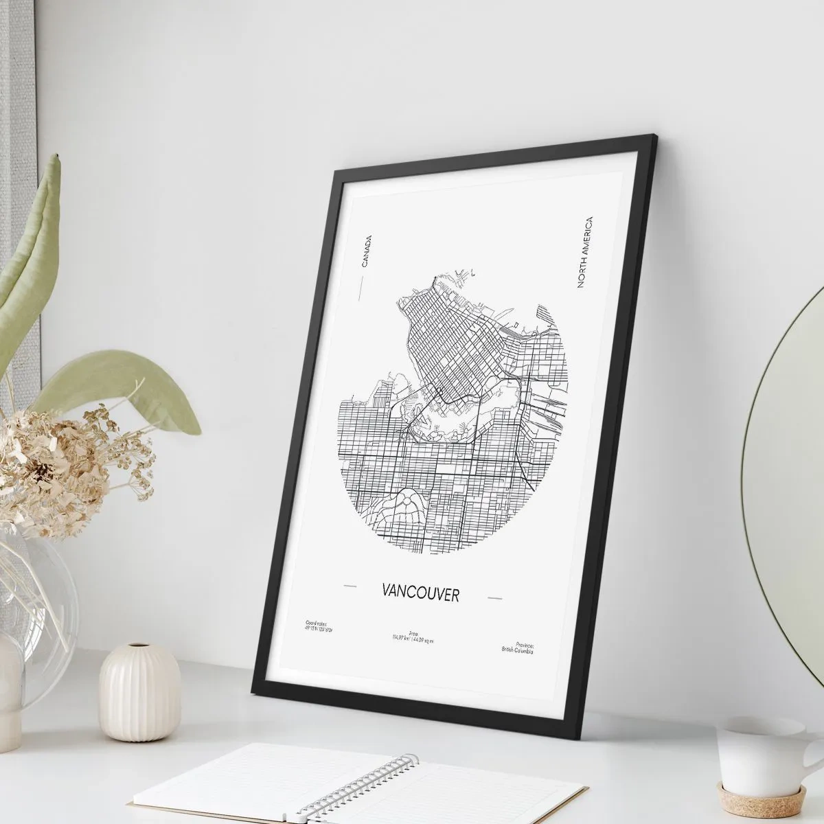 Poster în ramă neagră - O hartă minimalistă alb-negru a orașului Vancouver - 50x70cm - Anatomia Vacouverului - Decorațiune modernă pentru perete pentru living și dormitor ARTTOR