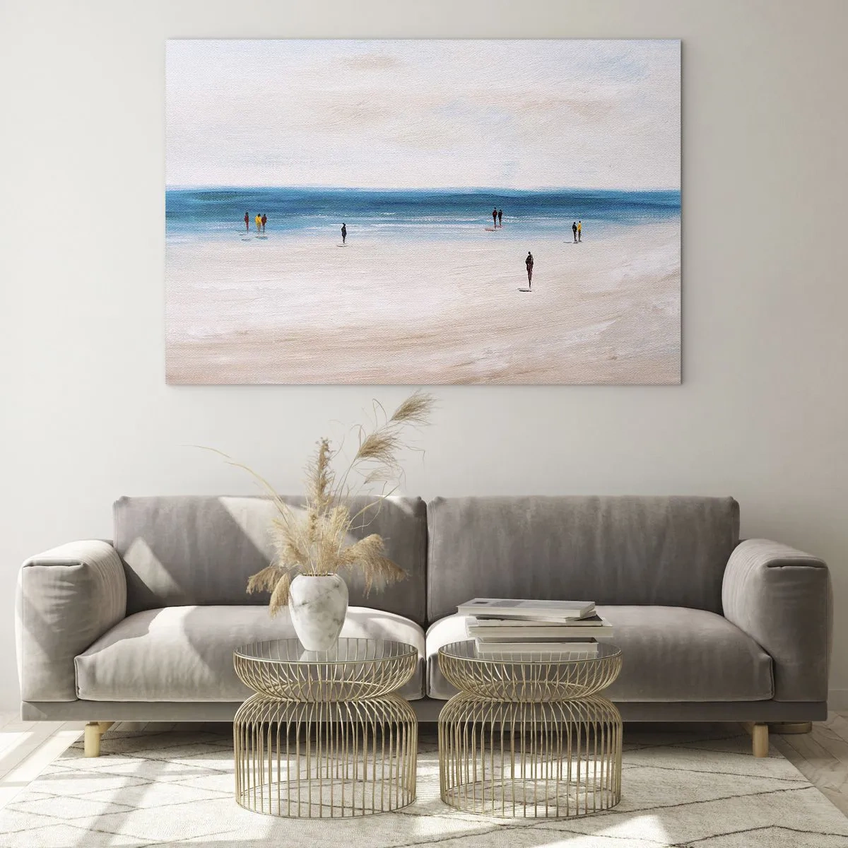 Tablou pe sticlă - O plajă liniștită cu siluete de oameni care se plimbă de-a lungul mării - 70x50cm - Nevoia naturală - Decorațiune modernă pentru perete pentru living și dormitor ARTTOR