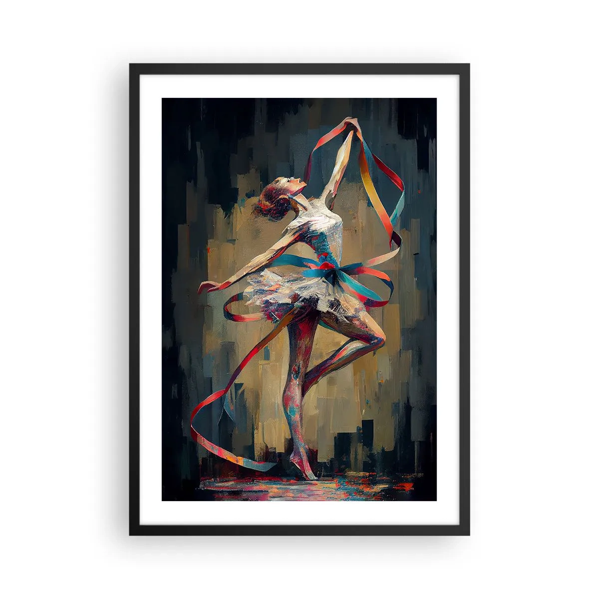 Poster în ramă neagră - O dansatoare într-o poză dinamică cu panglici colorate. - 50x70cm - Dansând cu o panglică - Decorațiune modernă pentru perete pentru living și dormitor ARTTOR