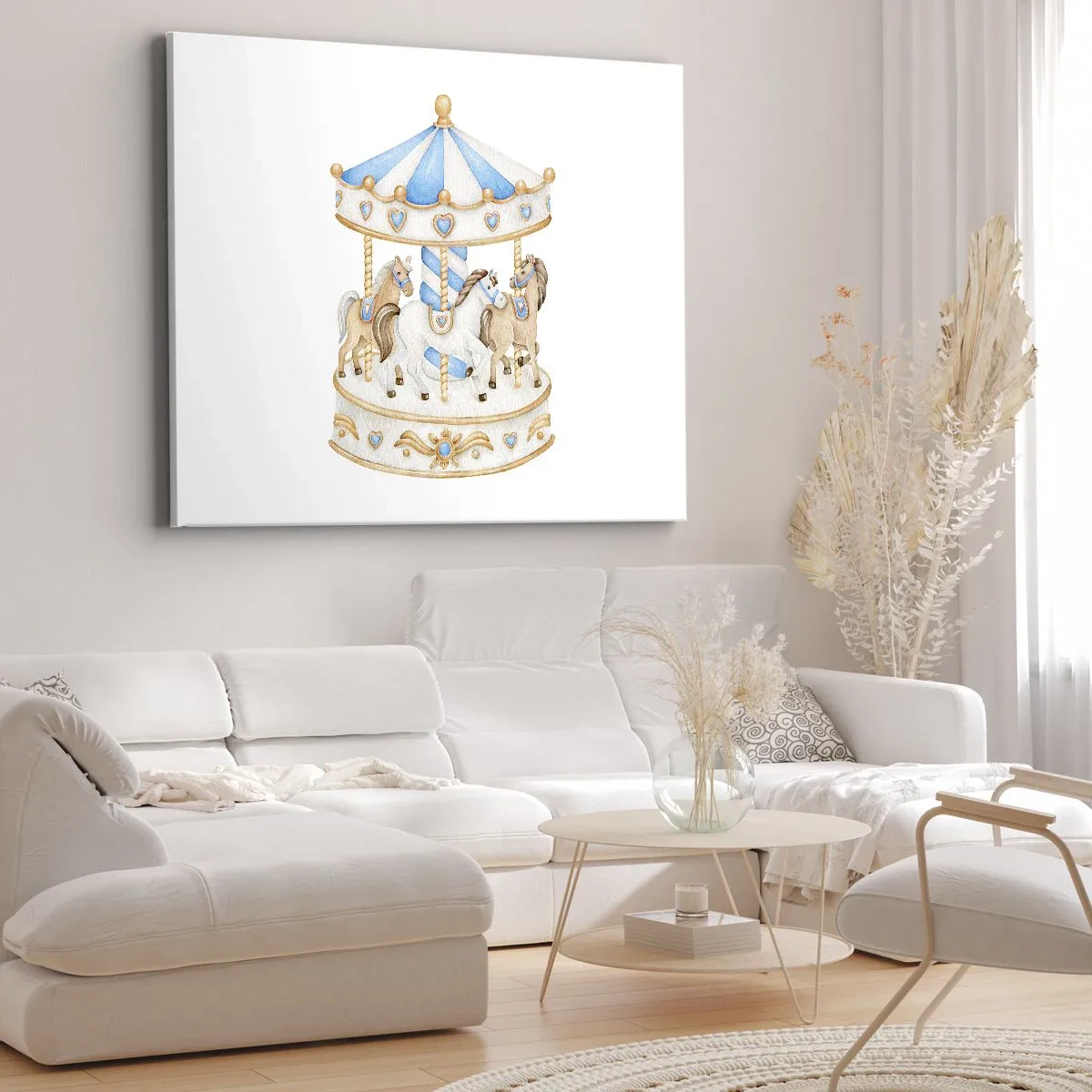 Tablou pe pânză Canvas - Un carusel în culori pastelate pe fundal alb - 70x50cm - Copilărie dulce - Decorațiune modernă pentru perete pentru living și dormitor ARTTOR