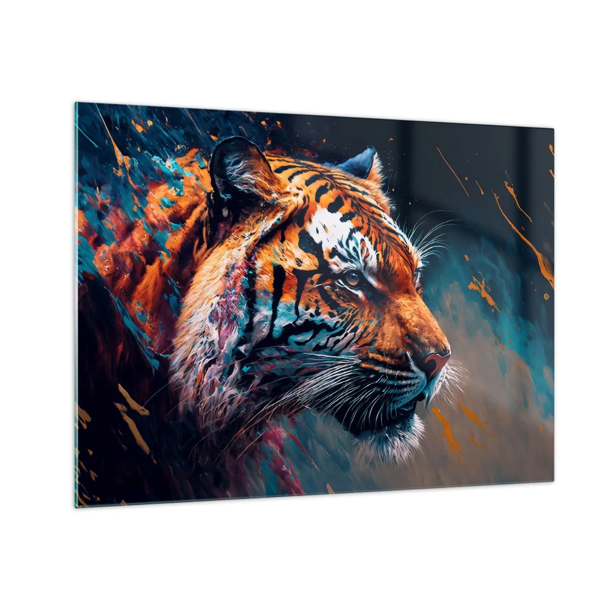 Tablou pe sticlă - Portretul unui tigru într-o explozie artistică de culori - 70x50cm - Frumusețe sălbatică - Decorațiune modernă pentru perete pentru living și dormitor ARTTOR