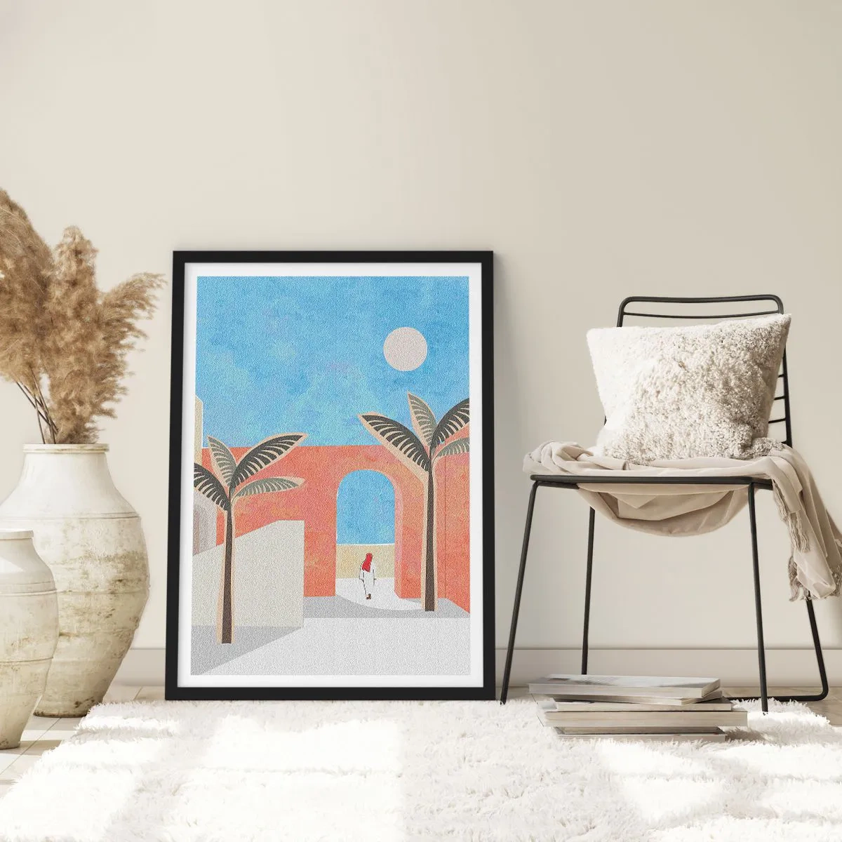Poster în ramă neagră - Peisaj minimalist cu palmieri și un arc - 50x70cm - O zi arabă - Decorațiune modernă pentru perete pentru living și dormitor ARTTOR