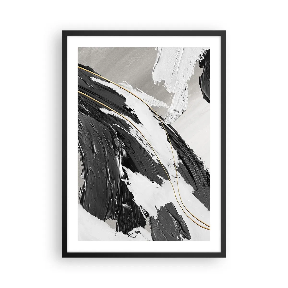 Poster în ramă neagră - Pensule abstracte în negru, alb și auriu - 50x70cm - Abstracție cu fler - Decorațiune modernă pentru perete pentru living și dormitor ARTTOR