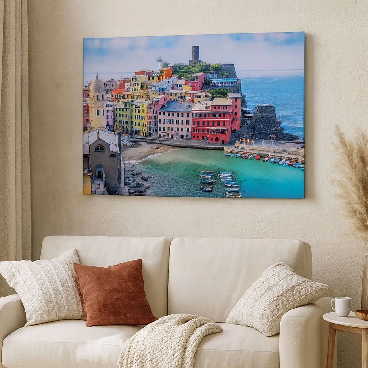 Tablou pe pânză Canvas - Un oraș de coastă colorat, cu un port pitoresc - 70x50cm - Orașul mediteraneean magic - Decorațiune modernă pentru perete pentru living și dormitor ARTTOR