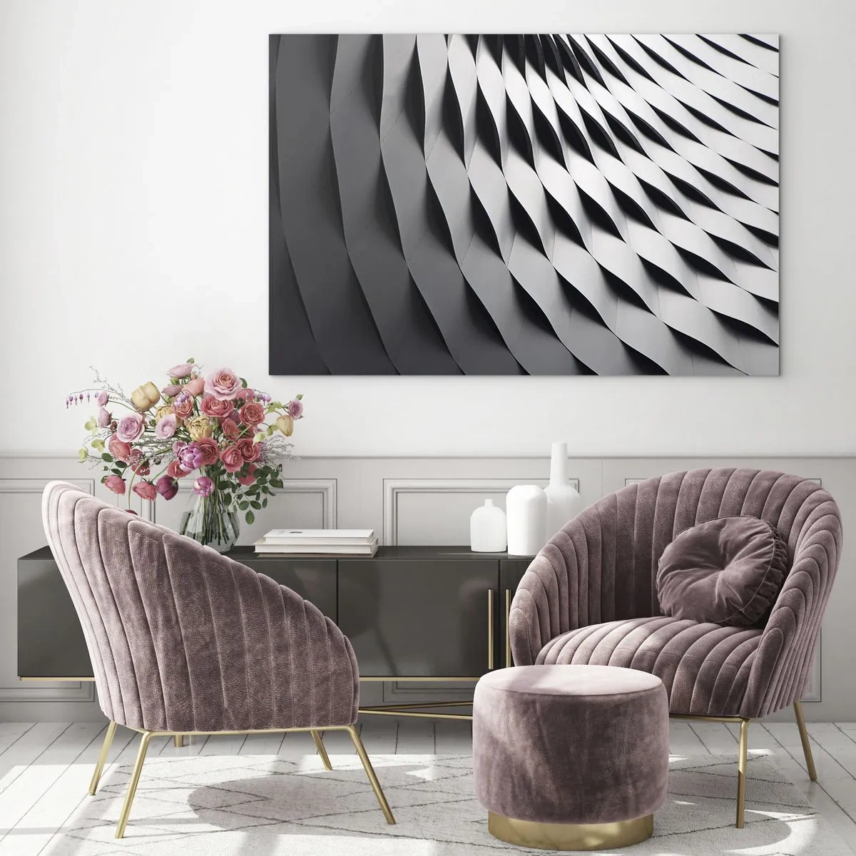 Tablou pe sticlă - O structură abstractă alb-negru care seamănă cu forme ondulate. - 70x50cm - Pe suprafața valurilor - Decorațiune modernă pentru perete pentru living și dormitor ARTTOR