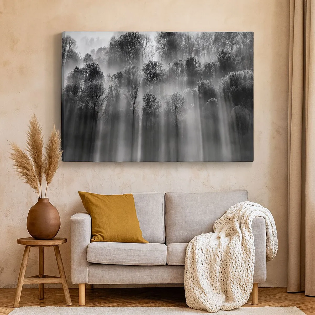 Tablou pe pânză Canvas - Pădure alb-neagră în lumina dimineții - 70x50cm - În fluxuri de lumină - Decorațiune modernă pentru perete pentru living și dormitor ARTTOR