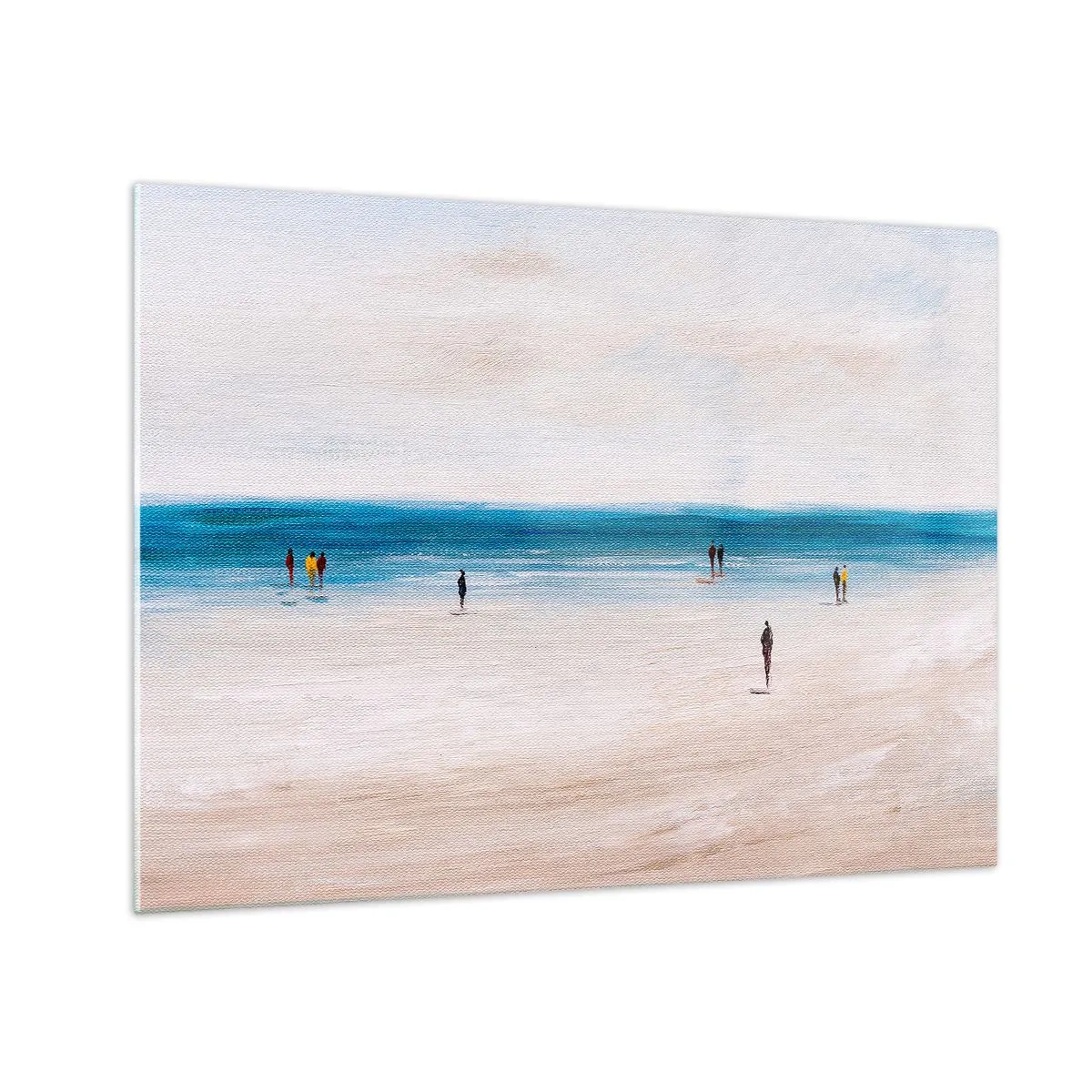Tablou pe sticlă - O plajă liniștită cu siluete de oameni care se plimbă de-a lungul mării - 70x50cm - Nevoia naturală - Decorațiune modernă pentru perete pentru living și dormitor ARTTOR