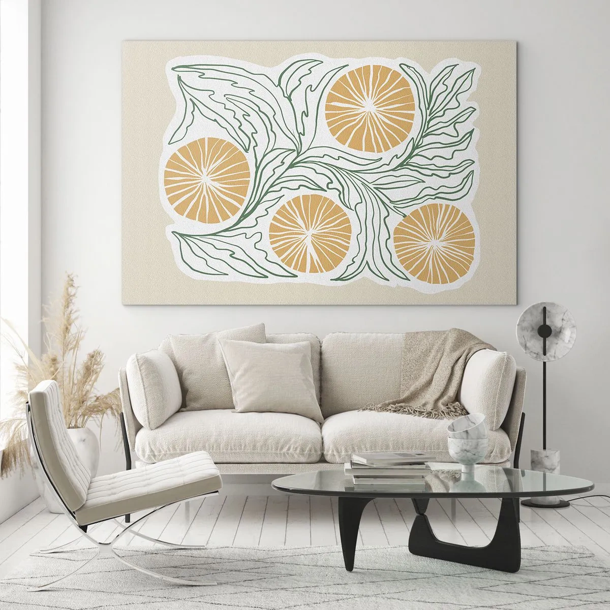 Tablou pe sticlă - Fructe portocalii și frunze verzi într-o compoziție grafică - 70x50cm - Etnic cu o notă de abstracție - Decorațiune modernă pentru perete pentru living și dormitor ARTTOR