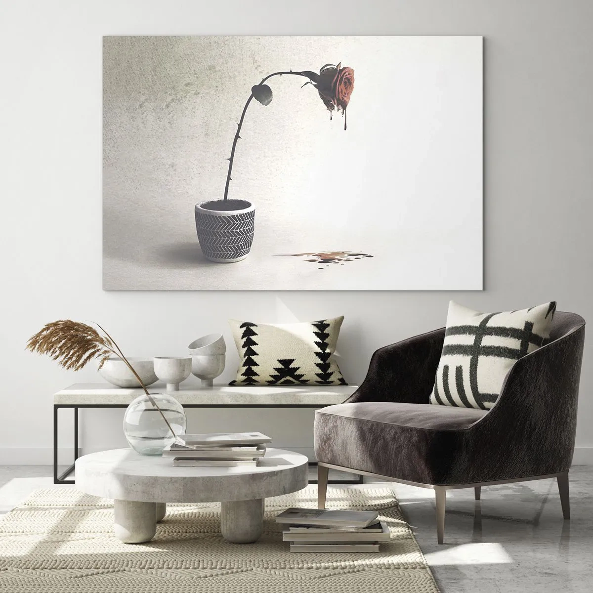 Tablou pe sticlă - Un trandafir simbolic într-un ghiveci cu vopsea picurată - 70x50cm - Rosa dolorosa - Decorațiune modernă pentru perete pentru living și dormitor ARTTOR