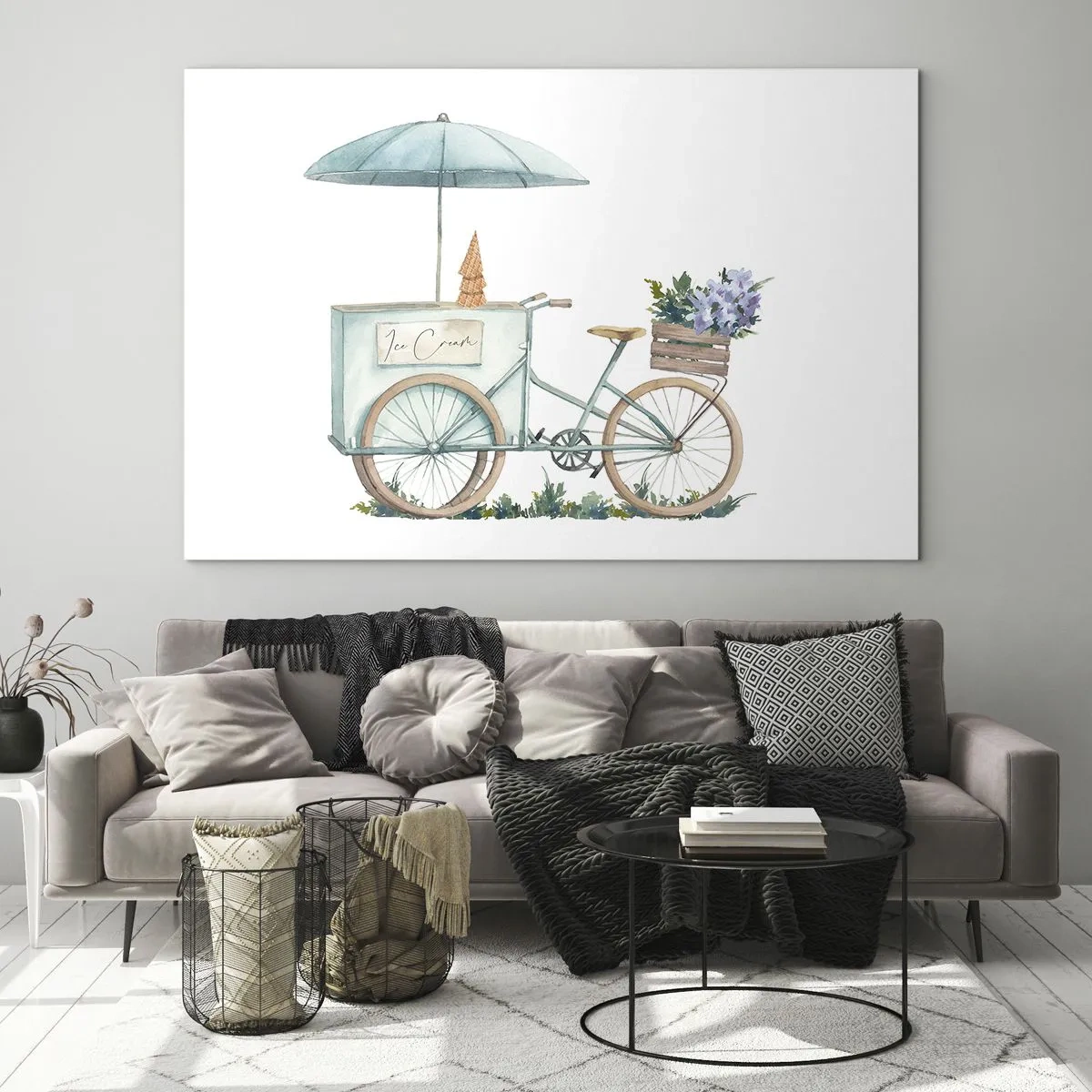 Tablou pe sticlă - O bicicletă cu înghețată și flori pastelate - 70x50cm - O dulce amintire de vară - Decorațiune modernă pentru perete pentru living și dormitor ARTTOR