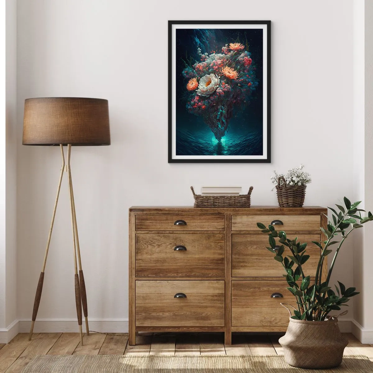 Poster în ramă neagră - Un aranjament magic de flori plutind deasupra apei - 50x70cm - Grădină ciudată - Decorațiune modernă pentru perete pentru living și dormitor ARTTOR