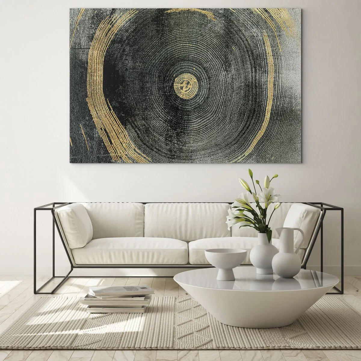 Tablou pe sticlă - Secțiune transversală a unui trunchi de copac cu detalii și accente aurii - 70x50cm - Schimbare și persistență - Decorațiune modernă pentru perete pentru living și dormitor ARTTOR