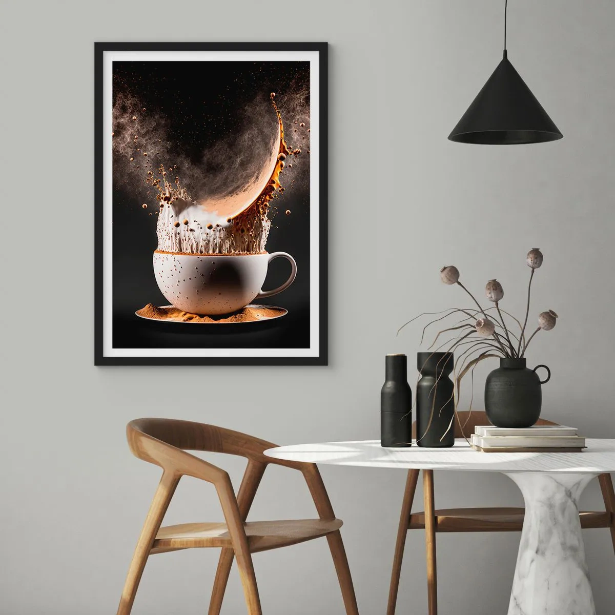 Poster în ramă neagră - explozie dinamică de cafea într-o ceașcă - 50x70cm - O explozie de arome - Decorațiune modernă pentru perete pentru living și dormitor ARTTOR