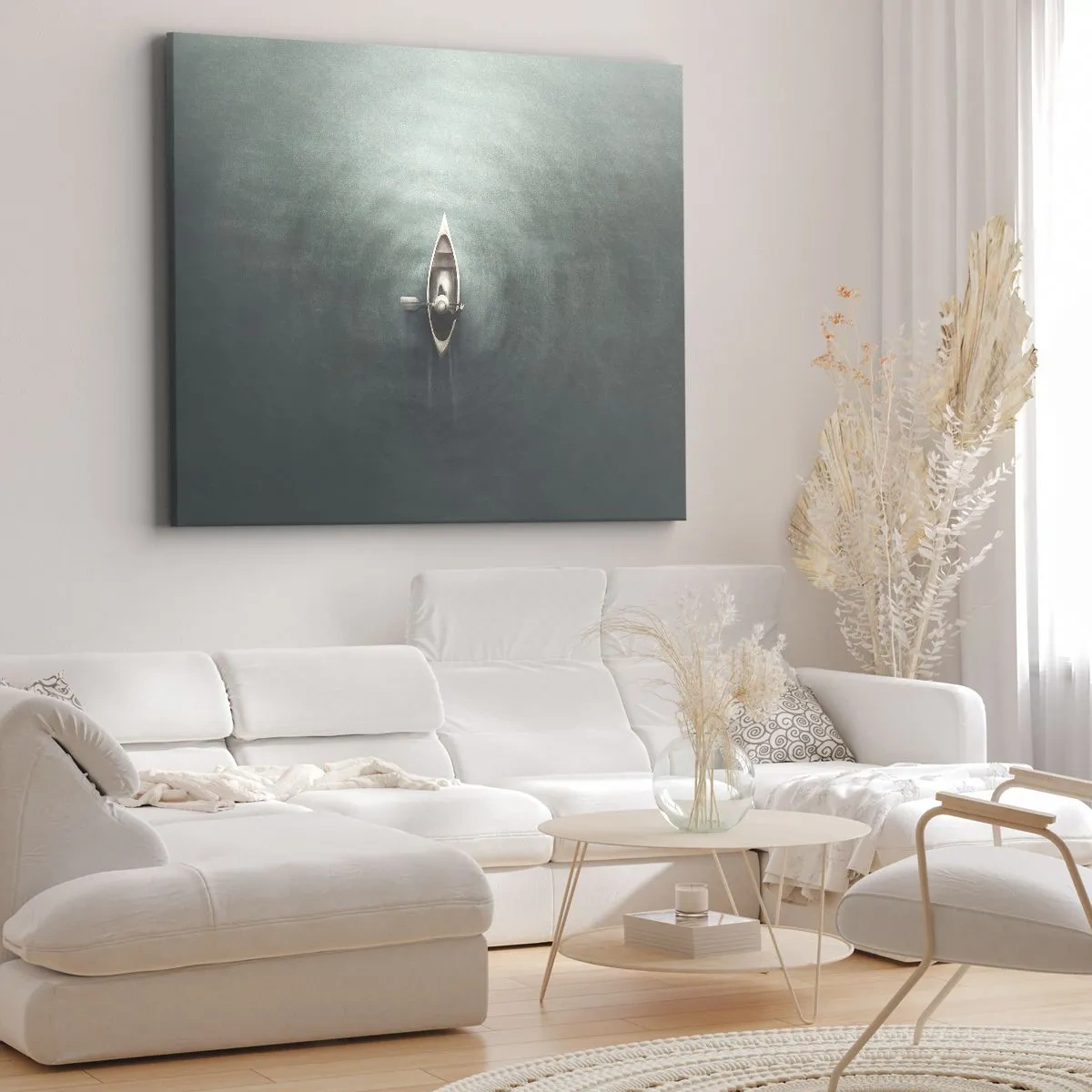 Tablou pe pânză Canvas - O barcă singuratică pe ape calme într-un decor minimalist - 70x50cm - Peste lacul luminat de lună - Decorațiune modernă pentru perete pentru living și dormitor ARTTOR
