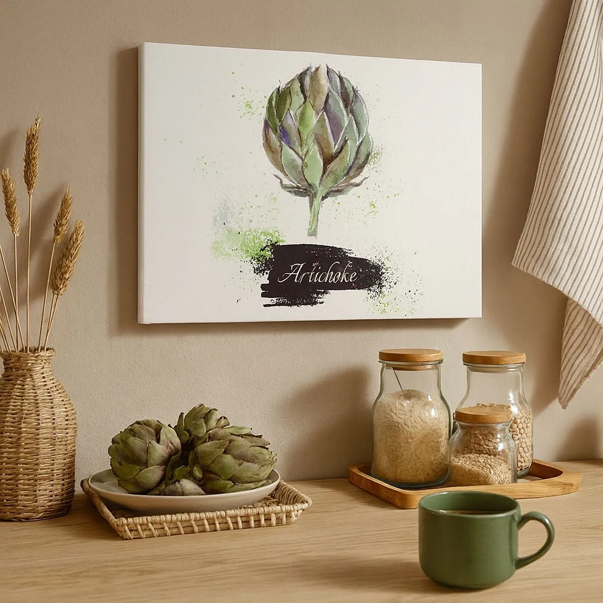 Tablou pe pânză Canvas - Anghinare în acuarelă cu text pe fundal deschis cu accente verzi - 70x50cm - Trăiască legumele! - Decorațiune modernă pentru perete pentru living și dormitor ARTTOR