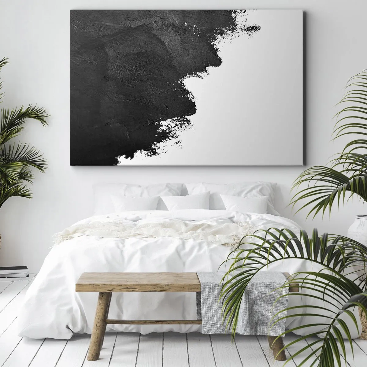 Tablou pe pânză Canvas - Abstracție alb-negru cu tușe contrastante - 70x50cm - Elemente: pământ - Decorațiune modernă pentru perete pentru living și dormitor ARTTOR