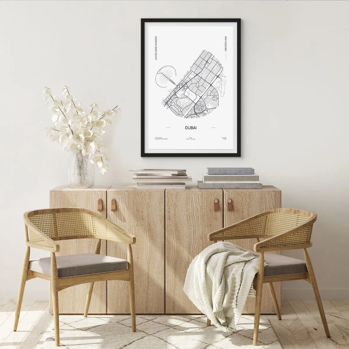 Poster în ramă neagră - Hartă minimalistă alb-negru a Dubaiului - 50x70cm - Anatomia Dubaiului - Decorațiune modernă pentru perete pentru living și dormitor ARTTOR