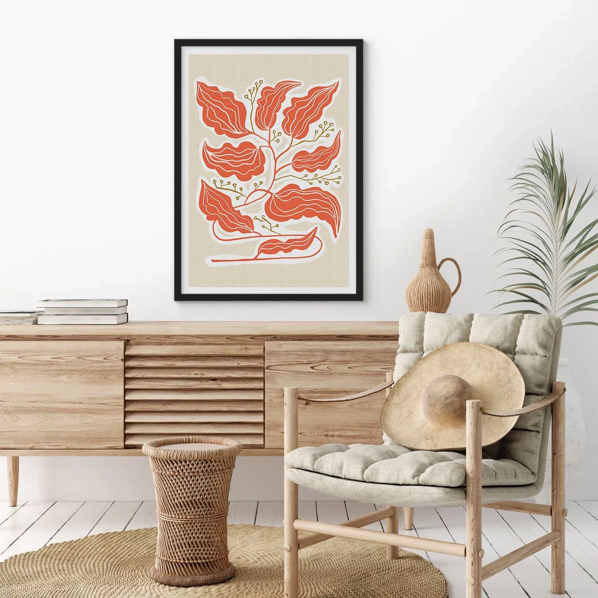Poster în ramă neagră - O compoziție abstractă de frunze în nuanțe de portocaliu și bej. - 50x70cm - Folk și coral - Decorațiune modernă pentru perete pentru living și dormitor ARTTOR