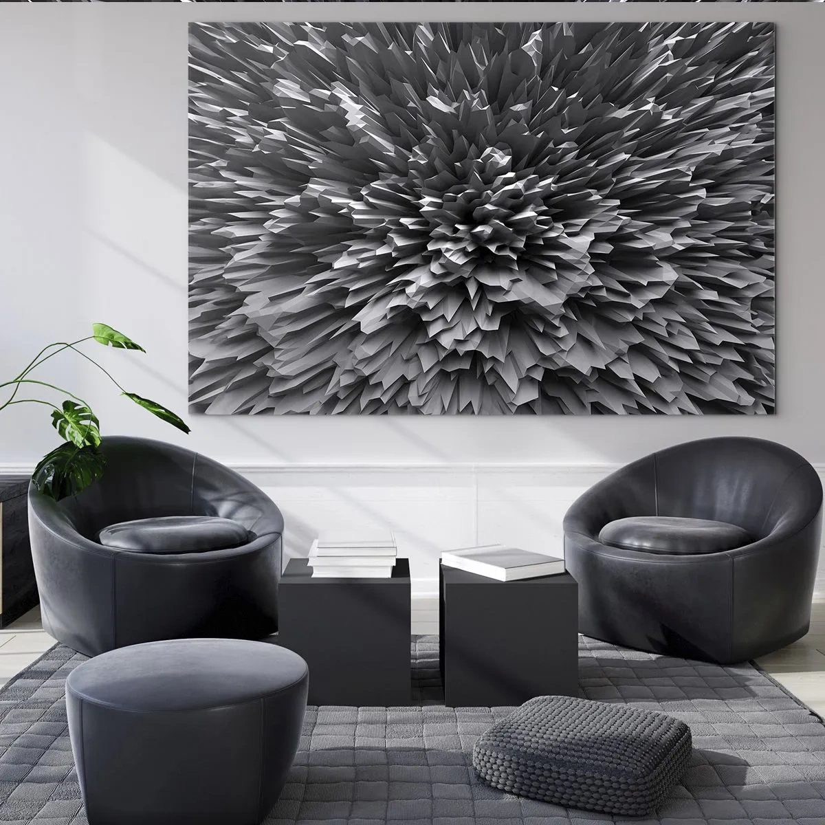 Tablou pe sticlă - Structură 3D abstractă alb-negru cu margini ascuțite - 70x50cm - Mai ascuțit nu se poate - Decorațiune modernă pentru perete pentru living și dormitor ARTTOR
