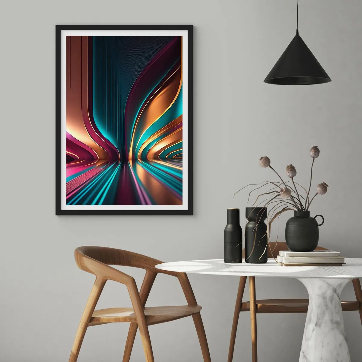 Poster în ramă neagră - Abstracție futuristă în culori aurii și turcoaz - 50x70cm - Arhitectură de lumină - Decorațiune modernă pentru perete pentru living și dormitor ARTTOR