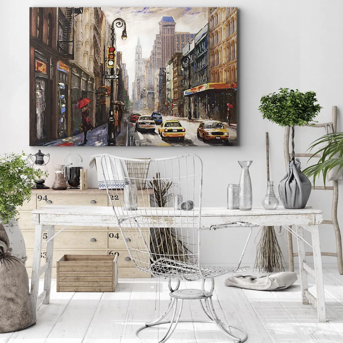 Tablou pe pânză Canvas - Peisaj urban cu o stradă și taxiuri galbene - 70x50cm - New York - plin de culoare și în ploaie - Decorațiune modernă pentru perete pentru living și dormitor ARTTOR