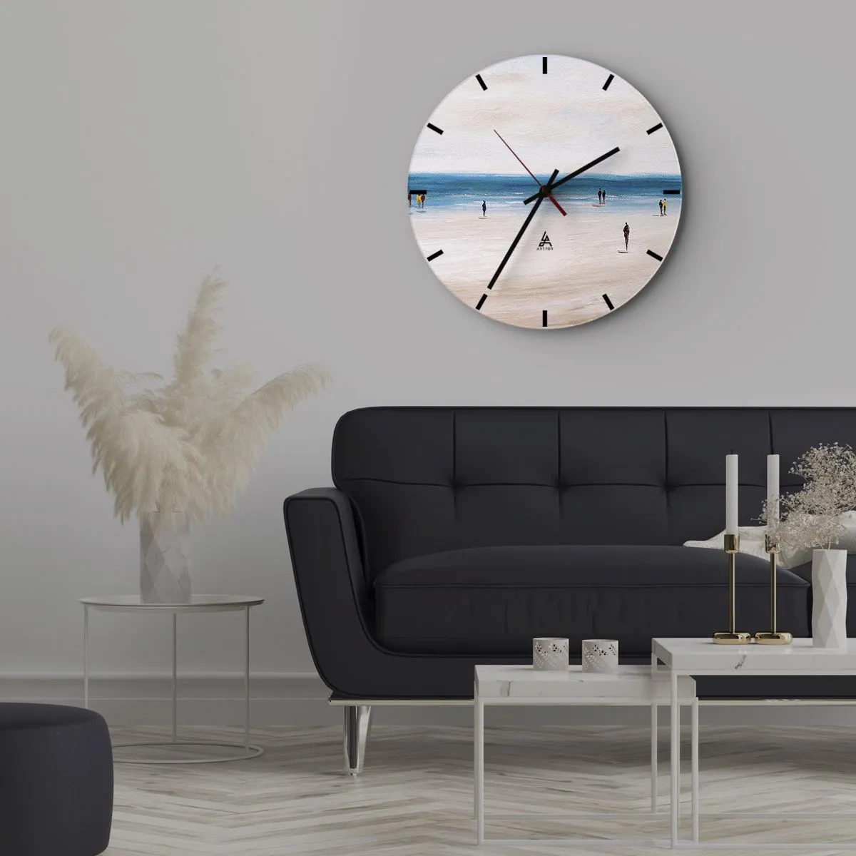Ceas de perete - Ceas pe sticlă - Figuri care merg pe plajă cu vedere la marea calmă - 30x30cm - Nevoia naturală - Decorațiune modernă pentru perete pentru living, bucătărie și dormitor ARTTOR