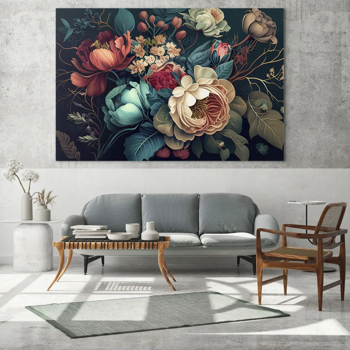 Tablou pe sticlă - Buchet de flori vintage pe un fundal închis - 70x50cm - Farmecul secolului al XIX-lea - Decorațiune modernă pentru perete pentru living și dormitor ARTTOR
