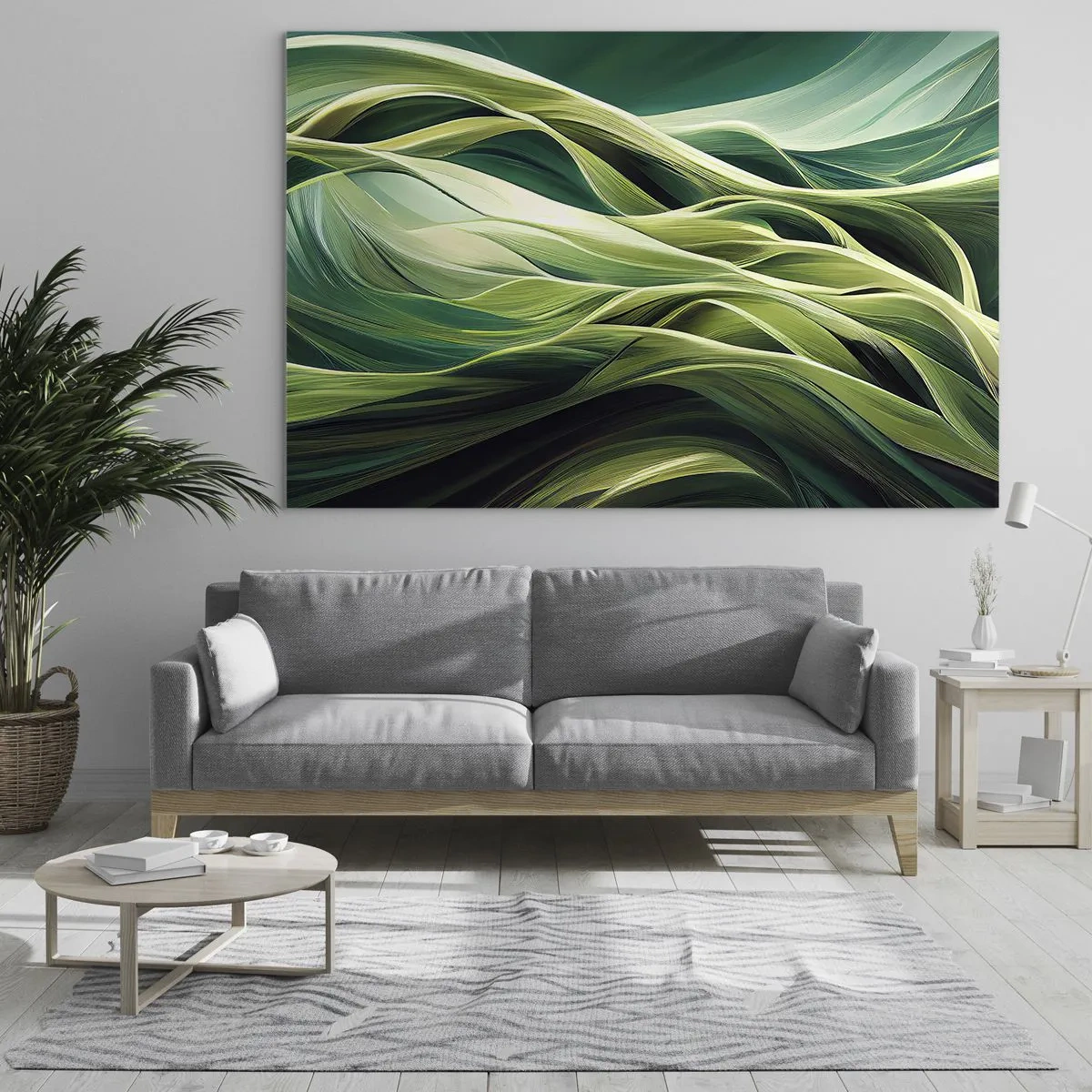 Tablou pe sticlă - Valuri verzi abstracte cu forme organice - 70x50cm - Un joc abstract de verde - Decorațiune modernă pentru perete pentru living și dormitor ARTTOR