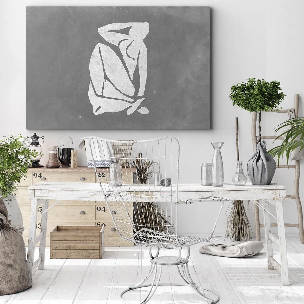 Tablou pe pânză Canvas - O siluetă minimalistă desenată pe un fundal gri - 70x50cm - În reverie - Decorațiune modernă pentru perete pentru living și dormitor ARTTOR