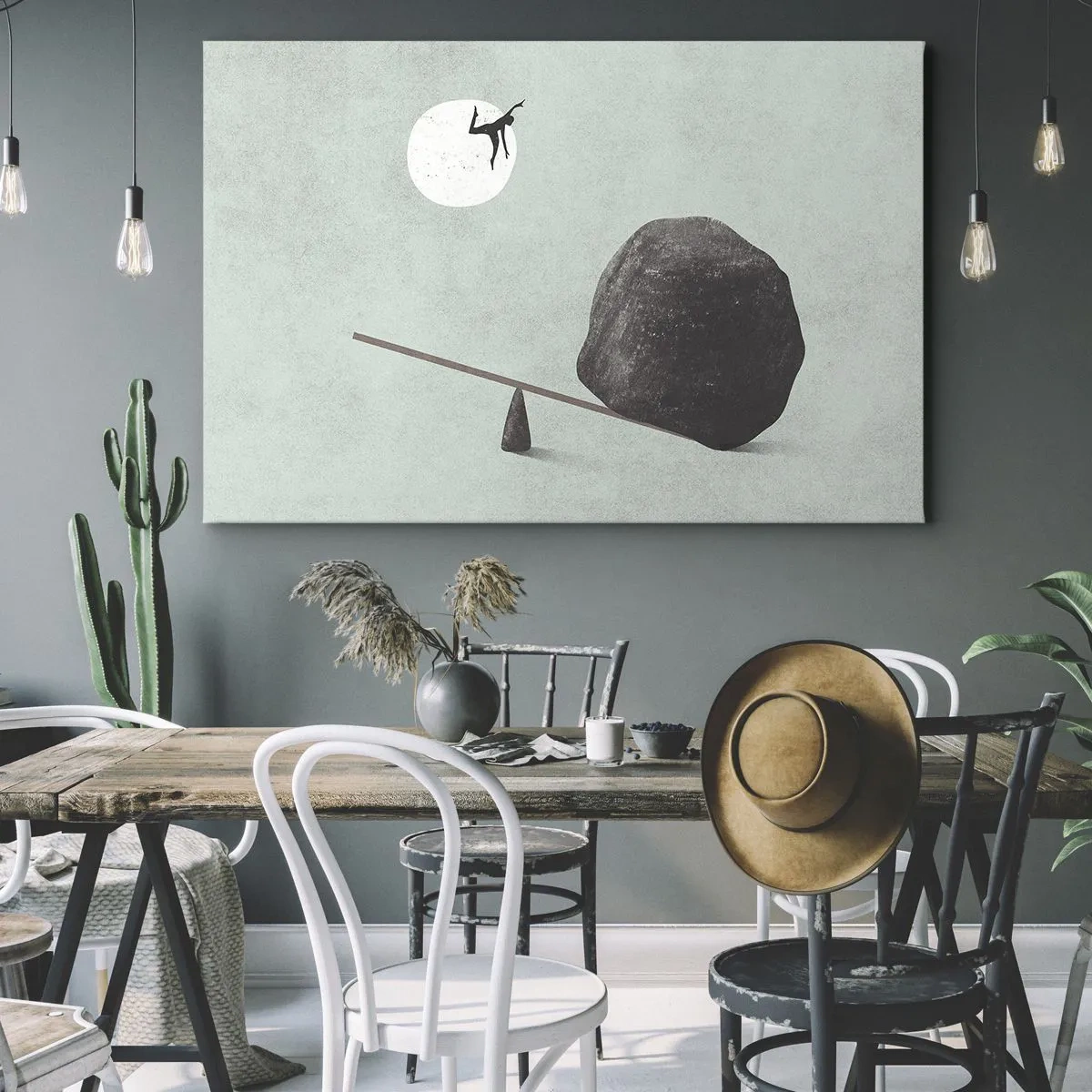 Tablou pe pânză Canvas - O scenă simbolică cu o figură și un echilibru pe un cer luminos. - 70x50cm - Visul îndeplinit - Decorațiune modernă pentru perete pentru living și dormitor ARTTOR