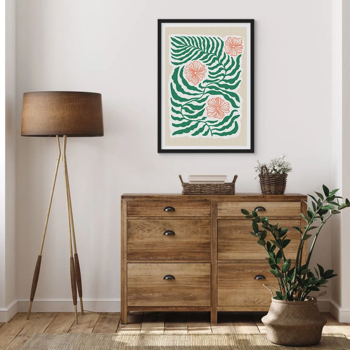 Poster în ramă neagră - Grafică abstractă cu frunze și flori pe un fundal bej - 50x70cm - Înflorite în verde - Decorațiune modernă pentru perete pentru living și dormitor ARTTOR